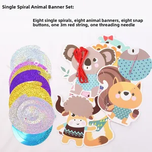Detail of cartoon animal party decoration set with glitter spirals and animal cards