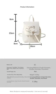 Detailed size chart for white PU mini backpack showing dimensions and strap length