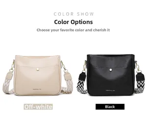 Polyester crossbody bag showing beige and black options with geometric straps