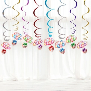 Colorful spiral party hanging decorations with balloon and gift box cartoon cards