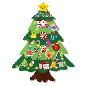 DIY felt Christmas tree with colorful ornaments and warm LED lights on white background