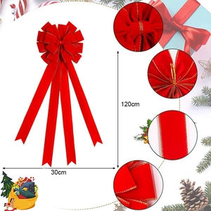 Large red velvet Christmas bow with gold edges for tree decoration, 120cm long