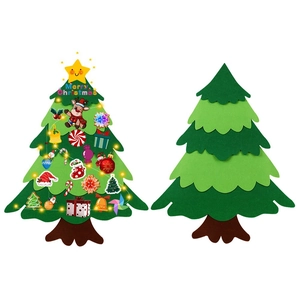 DIY felt Christmas tree set with colorful hanging ornaments and LED light decorations