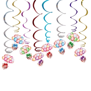 Colorful festive spiral party decorations with vibrant balloon and gift box cartoon pendants