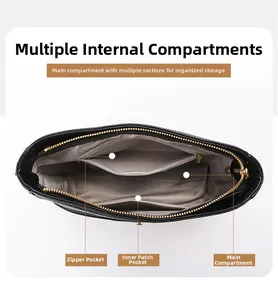 Internal structure of black polyester crossbody bag with zip pocket and compartments