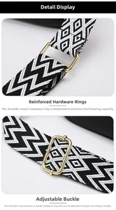 Detail of woven crossbody strap with geometric patterns and adjustable gold metal buckles