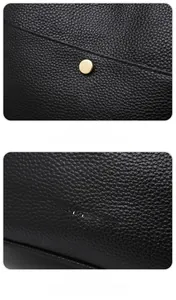 Close-up of black lychee grain leather crossbody bag with golden Fashion & Bag metal logo