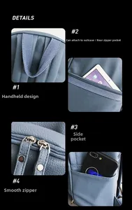 Blue PU leather backpack detail view showing handle, trolley strap and side pockets