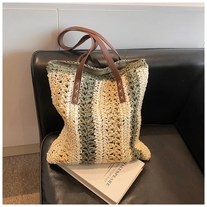 Fashion PU Straw Woven Tote Bag Large Capacity Vertical Striped Handwoven Shoulder Bag Summer Beach Vacation Bag For Women