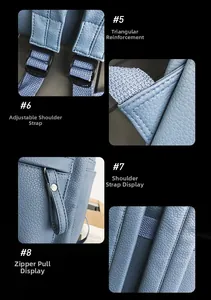 Detail view of blue lychee leather backpack with reinforced stitching and adjustable straps