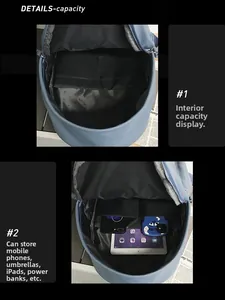 Detail view of water-resistant leather backpack interior with digital gadget compartments