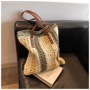 Fashionable PU straw woven shoulder bag with cream and green stripes and leather straps