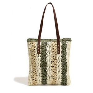 Chic woven PU straw tote bag with vertical stripes and brown leather shoulder straps