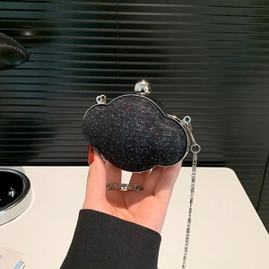 Fashionable black sequin cloud clutch with silver chain strap and metallic ball clasp