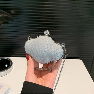 Elegant silver sparkling cloud clutch evening bag with metal chain strap for women
