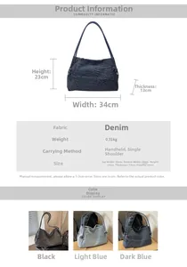 Detailed size chart for denim shoulder bag showing dimensions 34x23x13cm and three colors