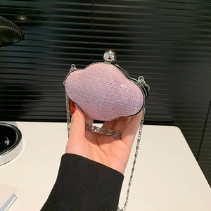 Sparkly pink rhinestone cloud-shaped mini evening clutch bag with silver ball clasp and chain