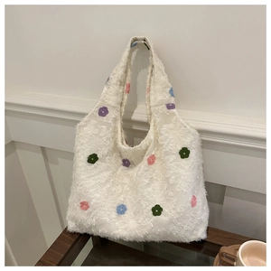 Minimalist white faux fur tote bag with colorful floral embroidery for women