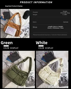 Detail showing high-capacity canvas shoulder bag dimensions and multi-pocket features