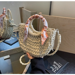 Chic woven half-moon crossbody bag with silk scarf handle and detachable strap
