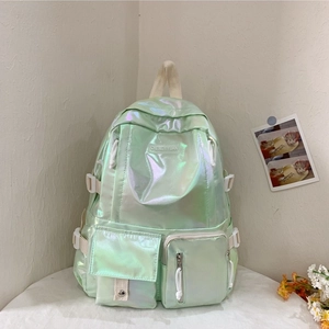Minimalist light green laser PU backpack with iridescent finish and side buckle straps
