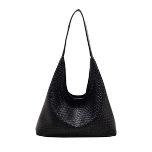 Minimalist black woven hobo shoulder bag with a sleek triangular silhouette for women