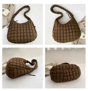 Detailed views of the brown quilted puffer tote bag with stitched grid pattern