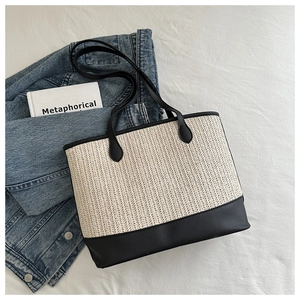 Women Straw Woven Tote Bag With PU Leather Trim Large Capacity Summer Beach Vacation Shoulder Bag Contrast Color Handbag