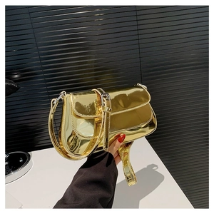 Sac baguette en cuir PU doré métallisé avec fermeture à rabat et bandoulière réglable