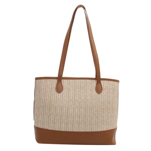2024 woven straw tote bag with brown faux leather trim and long shoulder straps for summer