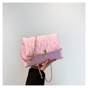 Pink PU leather crossbody bag with V-shaped quilting and gold metal chain strap