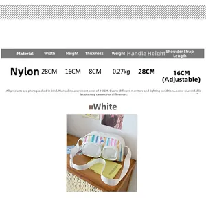 Detailed specs of nylon crossbody bag with dimensions 28x16x8cm and adjustable strap