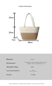 Size guide for woven tote bag showing dimensions 40x25x7cm and handle height of 25cm