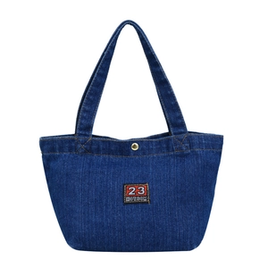Large capacity vintage blue denim tote bag with embroidered label and gold snap closure