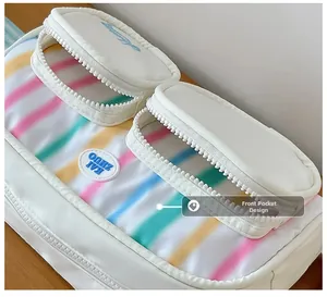 Close-up of dual front pockets and durable plastic zippers on a rainbow nylon handbag