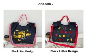Dettagli delle borse tote in denim con toppe ricamate colorate e manici a contrasto