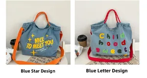 Dettaglio di due borse tote in denim con ricami colorati e tracolle a contrasto