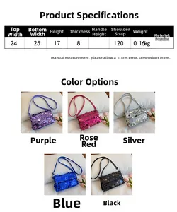 Detail view of sparkly sequin crossbody bag in five vibrant colors with size specifications