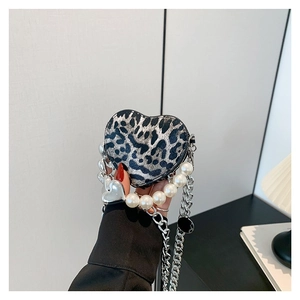 Fashion heart shaped leopard print PU crossbody bag with pearl strap and silver mirror charm