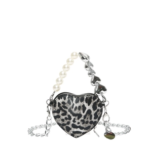 Trendy leopard print heart-shaped crossbody bag with pearl and metal heart handle