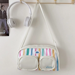 Japanese retro white nylon crossbody bag with colorful vertical stripes and dual front pockets