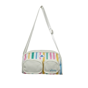 White nylon shoulder bag with colorful vertical stripes and dual front zipper pockets
