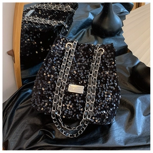 Trendy Fashion Sequin Bucket Bag For Women Shiny Metal Chain Strap Shoulder Crossbody Handbag For Daily Party Night Out