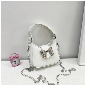 Women Mini PU Leather Shoulder Bag Trendy Metal Bow Crossbody Bag Versatile Handbag With Silver Chain Strap Daily Party Jewelry