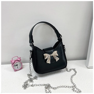 Minimalist black PU leather crossbody bag with silver metal bow and chain strap