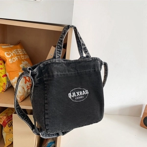 Women Large Denim Tote Bag Urban Simple Washed Denim Shoulder Bag Letter Print Versatile Daily Handbag Retro Crossbody Bag