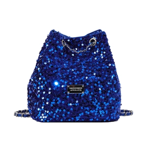Royal blue sequin bucket bag with drawstring closure and silver metal chain strap
