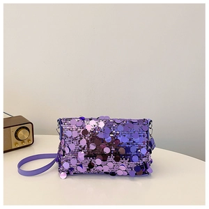 Sparkly purple sequin crossbody bag with thin strap, compact rectangular shoulder bag for women