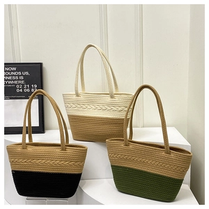 Women Woven Color Block Tote Bag Handmade Braided Texture Large Capacity Shoulder Bag Casual Summer Vacation Handbag