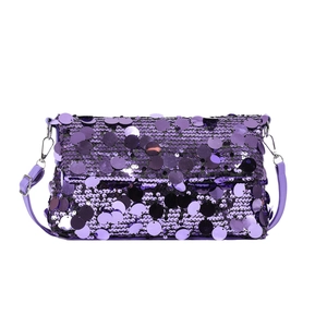 Sparkly purple sequin crossbody bag with stylish flap design and silver metal hooks